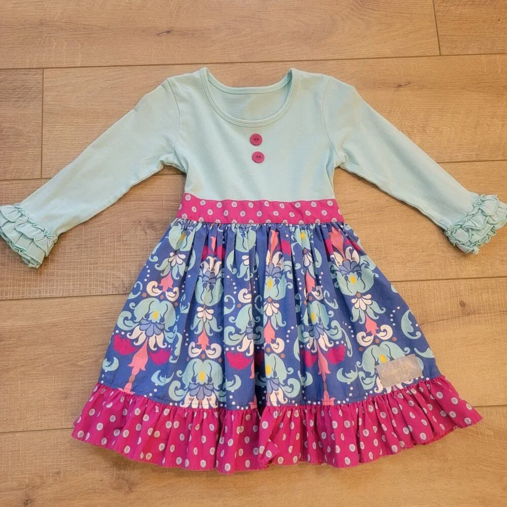 Eleanor Rose Girls Size 4/5 Rhonda Blue Long Sleeve Boutique Dress Ruffle Cuff